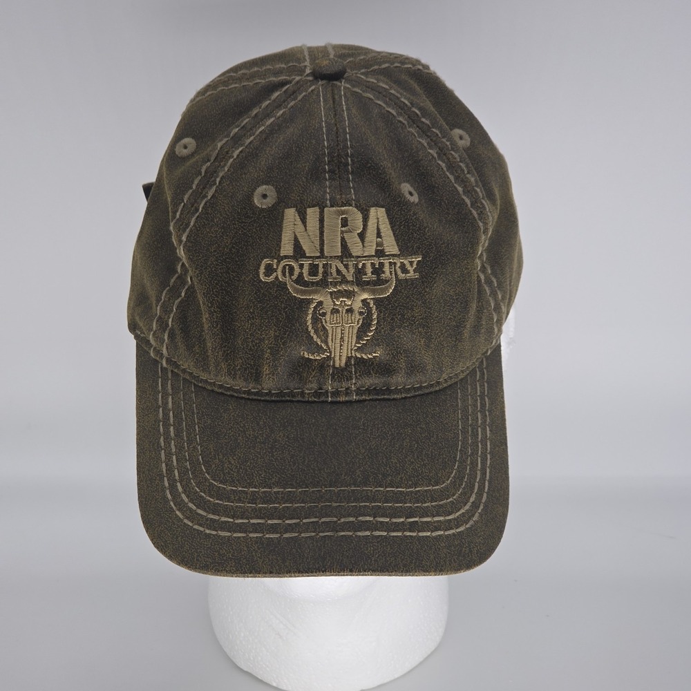 NRA Country Hat Faux Leather Suede Brown Worn Cap Western Embroidered Strapback